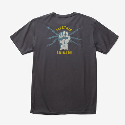 electric brand tee shirt in charcoal grey. hand with bolt electric brigade