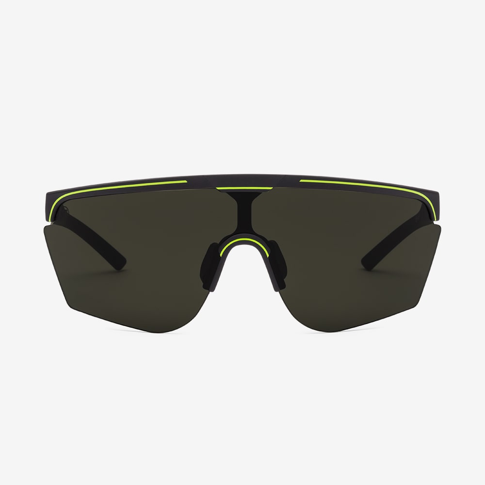 Electric Cove sunglass. Black and green frame with grey lenses. Sporty lightweight frame and polycarbonate lenses