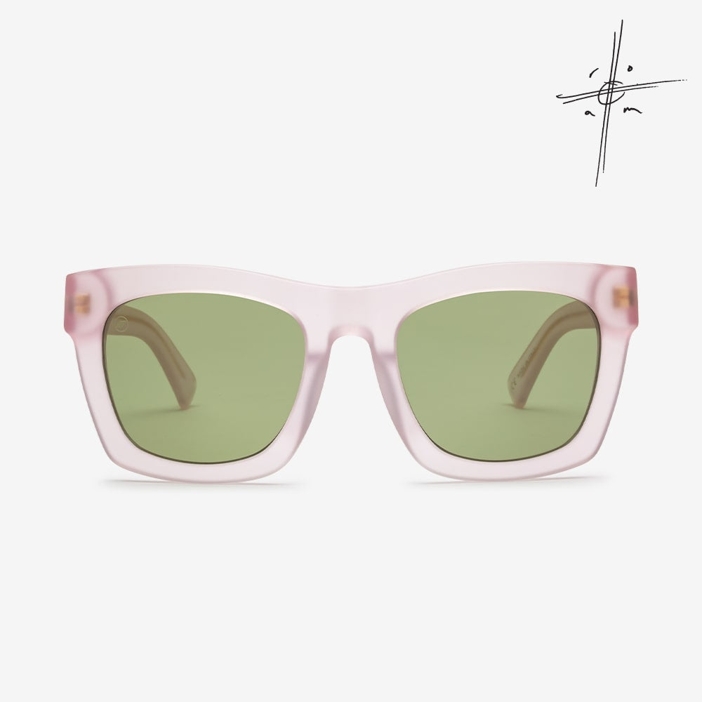 A pair of pink framed sunglasses with green lenses, from the Jason Momoa On the Roam Collection.