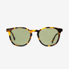Sunglasses with tortoiseshell frame and green lenses on a white background
