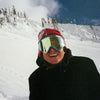 Arthur Longo wearing his signature Roteck snow goggle shot on 35mm film