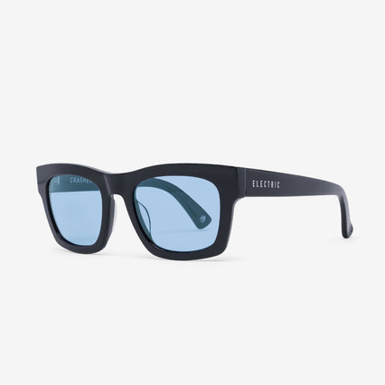 Black sunglasses with blue lenses on a white background