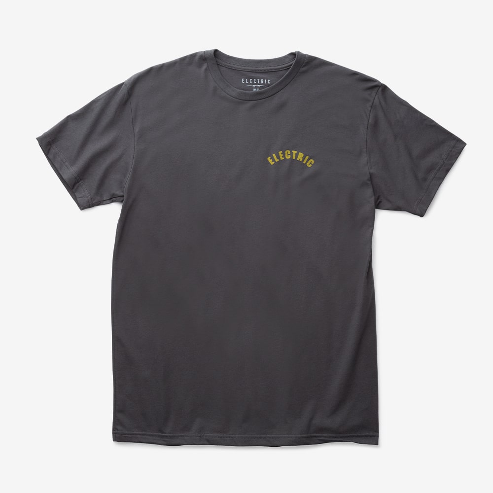 electric brand grey tee shirt made from recycled polyester and cotton. charcoal grey classic fit t shirt