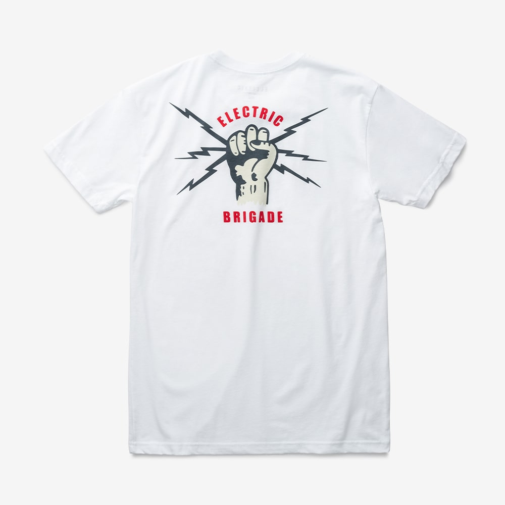 electric brand tee shirt in white. hand with bolt electric brigade