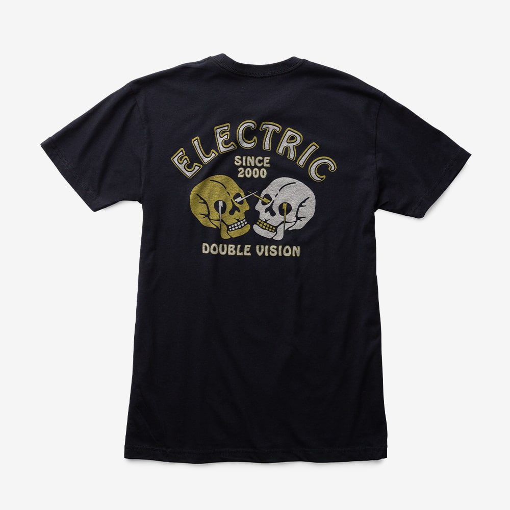 electric black tee shirt skull print. recycled polyester cotton material. back side.