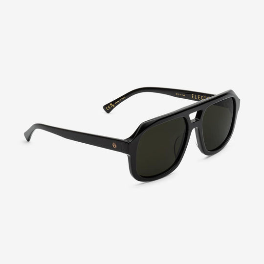 Augusta sunglass. Large sized chunky gloss black frame for men and women. Italian made bio acetate and polarized frame