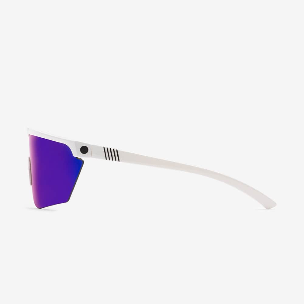 Electric Cove sunglass. Gloss white frame with chrome lenses. Sporty lightweight frame and polycarbonate lenses