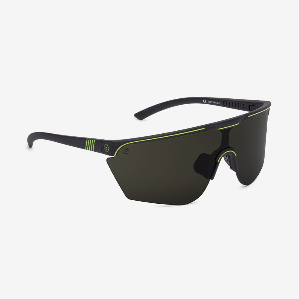 Electric Cove sunglass for men. Black and green frame with grey lenses. Sporty lightweight frame and polycarbonate lenses