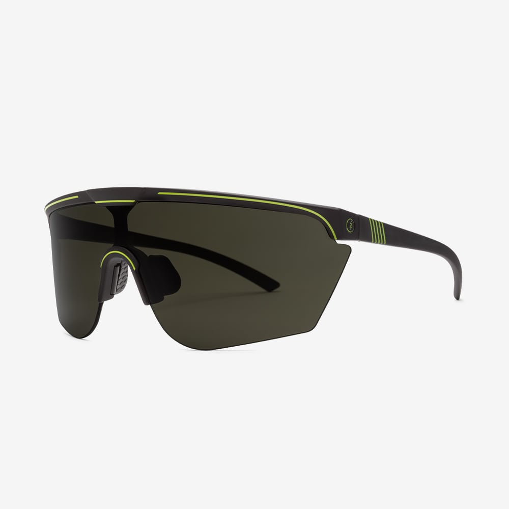 Men's Electric Cove sunglass. Black and green frame with grey lenses. Sporty lightweight frame and polycarbonate lenses